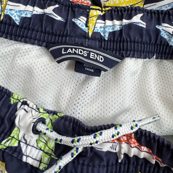 Lands' End Navy Shark Print Lined Drawstring Swim Trunks Shorts L - Picture 3 of 4